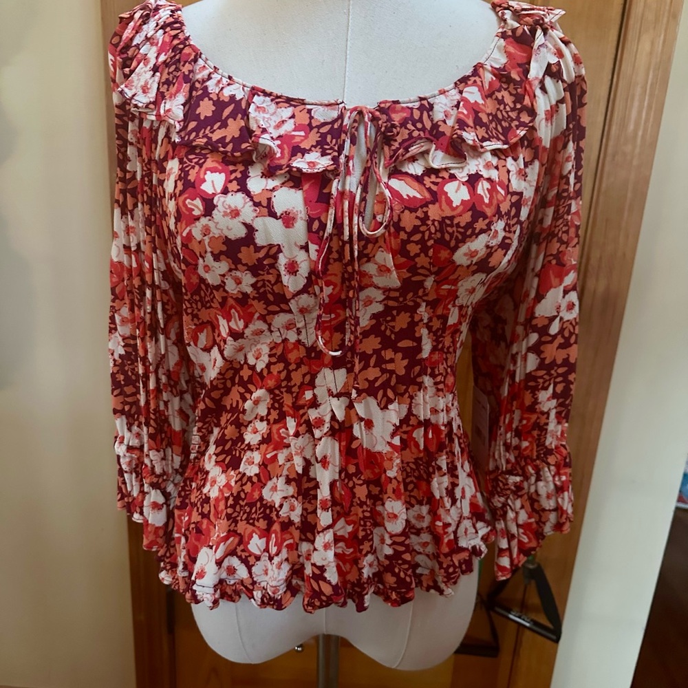 Free People Red and White Floral Blouse